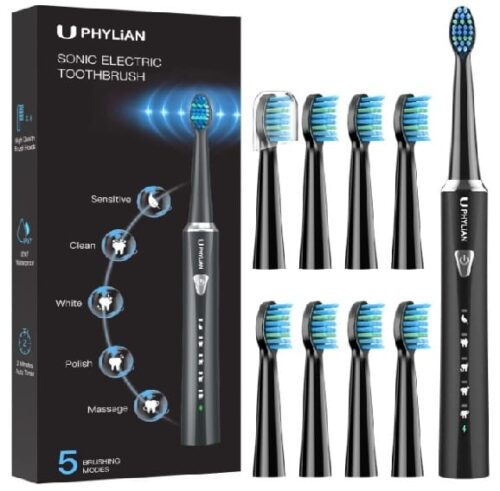 Sonic Electric Toothbrush for Adults and Kids - PHYLIAN H7 Rechargeable Whitening Toothbrush with 8 Duponts Brush Heads, 5 Modes, 3 Hours Fast Charge for 120 Days (Black)